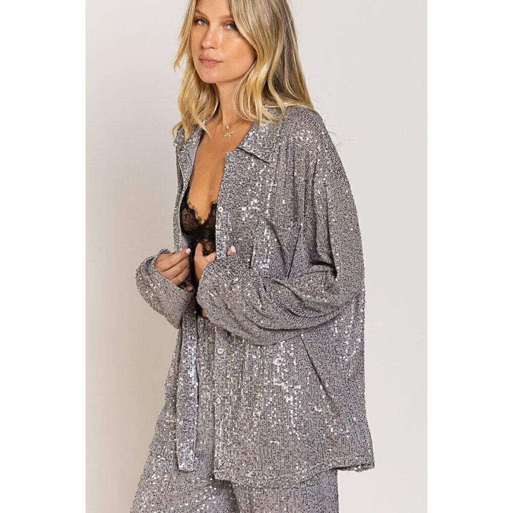 Life's a Party Sequin Button-Up Shirt in Grey - Picture 6 of 12